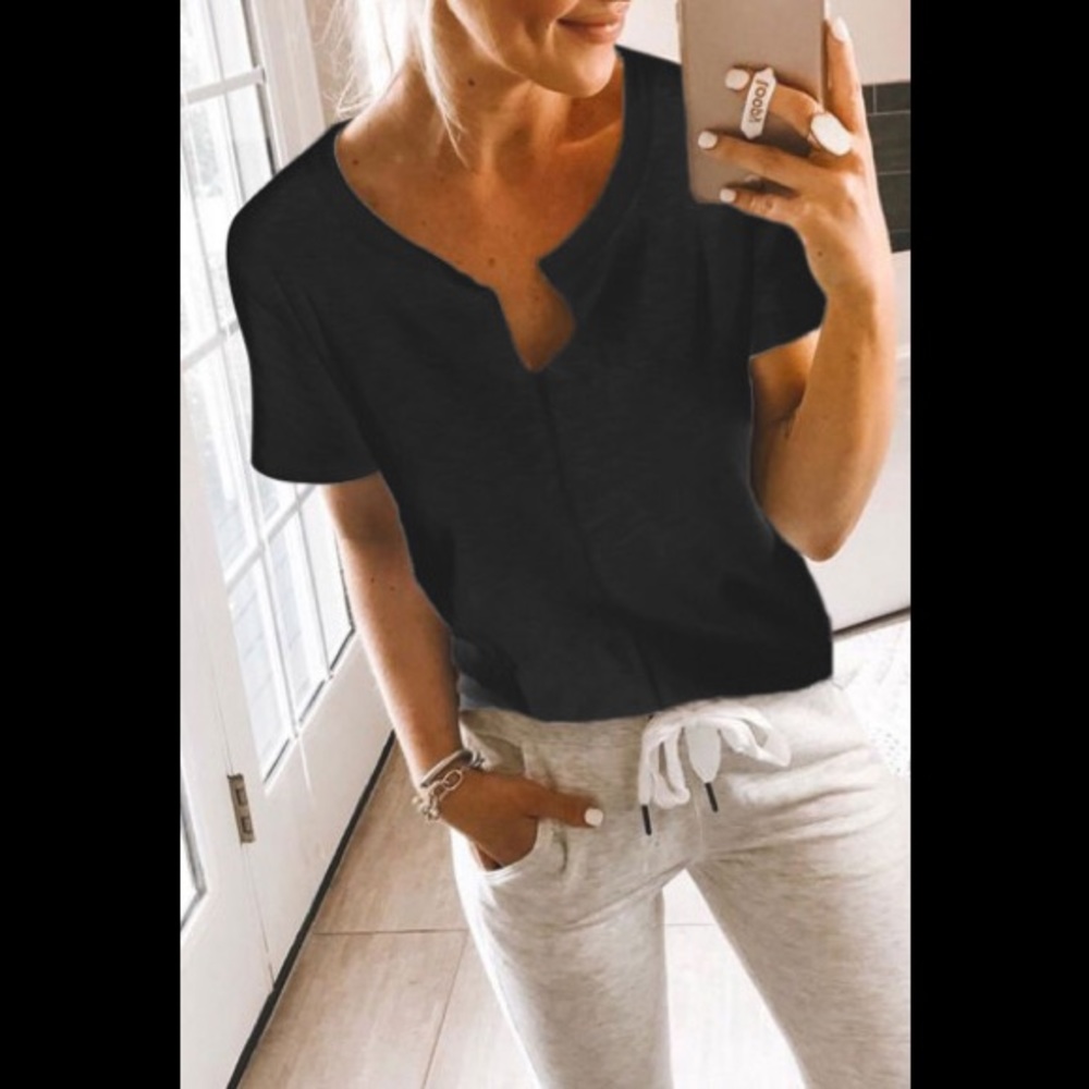 Unique Comfy Distressed Black V-Neck W/Raw Edges Short Sleeve Shirt
